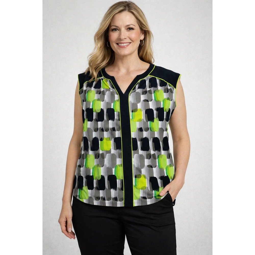 Worthington‎ Womens XL Sleeveless Blouse Green Black Abstract Print V-Neck Top